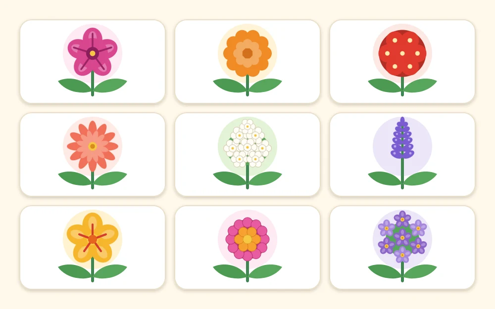 A grid of tiles, each showing one simple flower head in a different shape and color, from trumpets and pompoms to spikes and tiny clusters