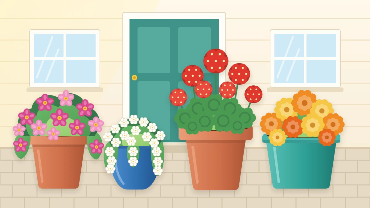 A sunny doorstep with four terracotta and glazed pots overflowing with magenta petunias, orange and yellow marigolds, red geraniums and trailing white alyssum