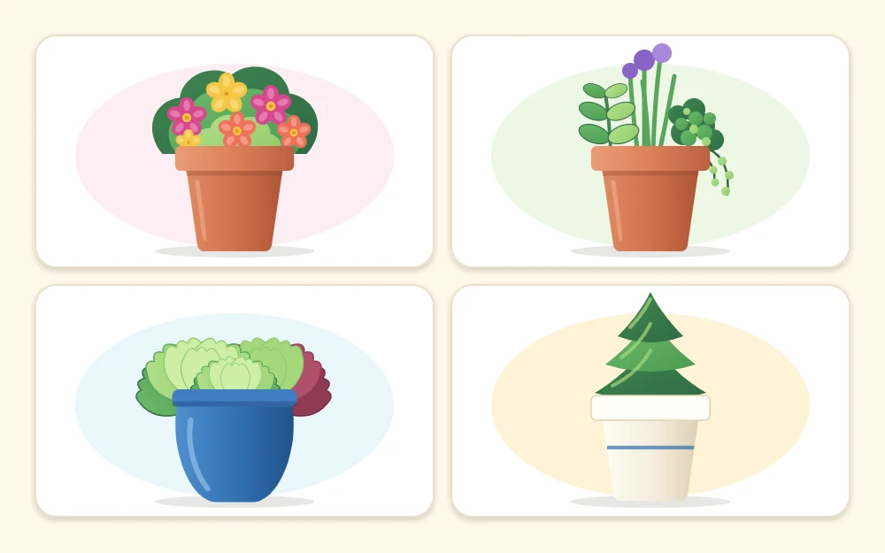 A two by two grid of planted pots: bright flowers, a mixed herb pot, a leafy vegetable pot and a small evergreen shrub