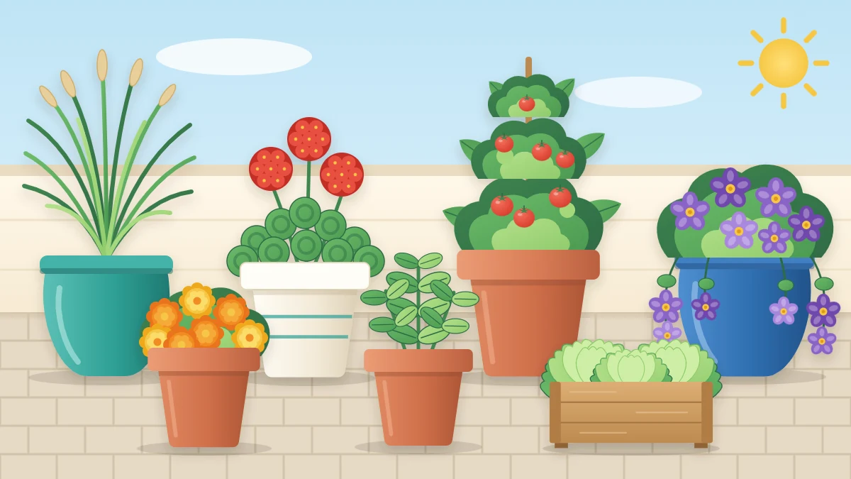 Seven planted containers on a patio with trailing petunias, marigolds, a red geranium, basil, lettuce, a compact tomato and an ornamental grass
