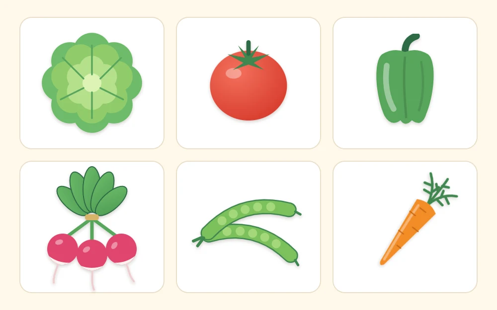 Six tiles showing a lettuce head, a red tomato, a green bell pepper, radishes, a bean pod and a carrot
