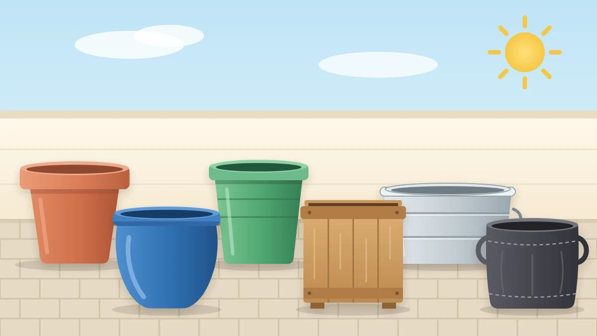 Six empty containers in a row on a patio: terracotta, blue glazed ceramic, green plastic, a wooden box, a metal tub and a fabric grow bag