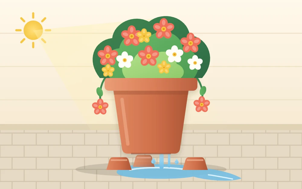 A planted pot raised on three small pot feet above the paving, with water draining freely from underneath