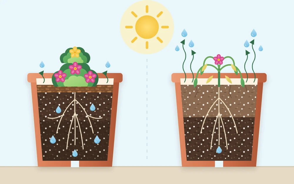 Cutaway of a pot with bark mulch over the mix and small arrows showing less moisture escaping than from a bare pot beside it