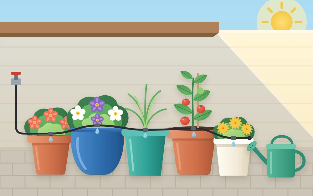 Five pots gathered closely in the shade of a wall, with a watering can beside them and a single drip line running across the pots