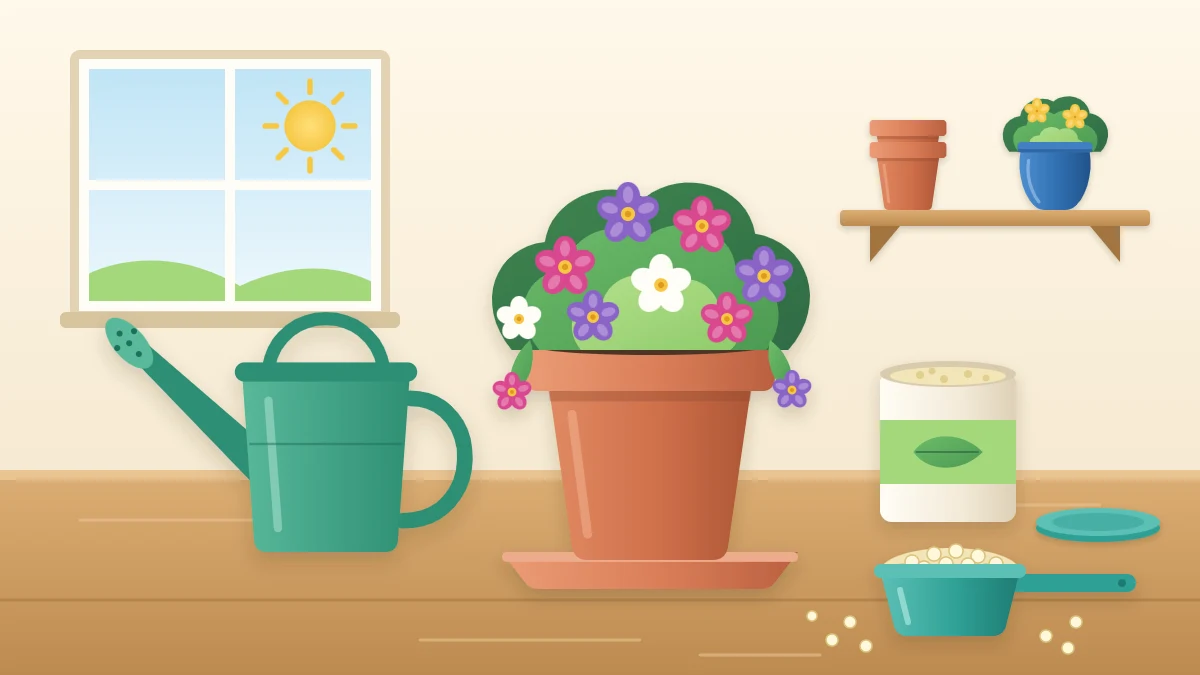 A watering can and a small measuring scoop of pale granules beside a pot of flowering plants on a potting bench