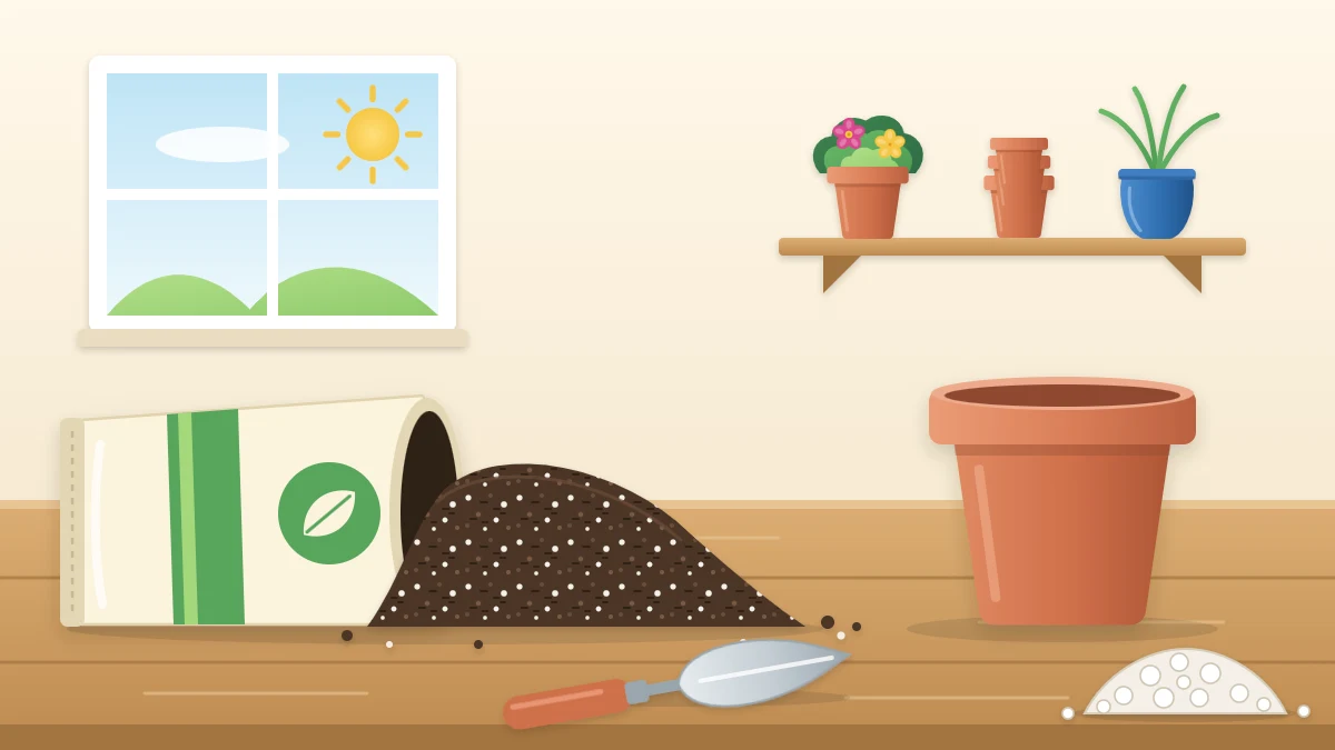An open bag of dark fluffy potting mix tipped onto a potting bench beside a hand trowel, an empty terracotta pot and a small heap of white perlite