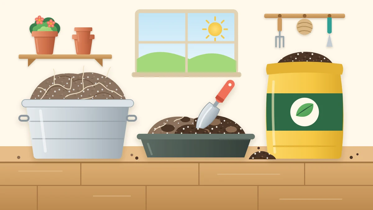 A potting bench with a tub of old compacted mix full of roots, a bag of fresh dark mix and a trowel blending the two in a tray