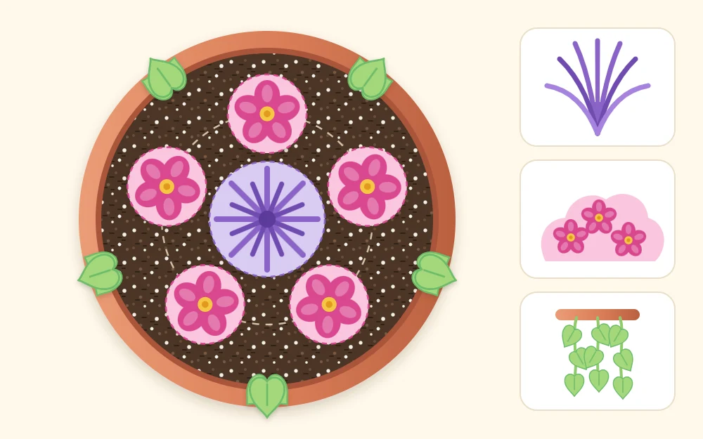 Top-down planting plan of a round pot with one large circle in the center, five medium circles around it and small trailing shapes at the rim