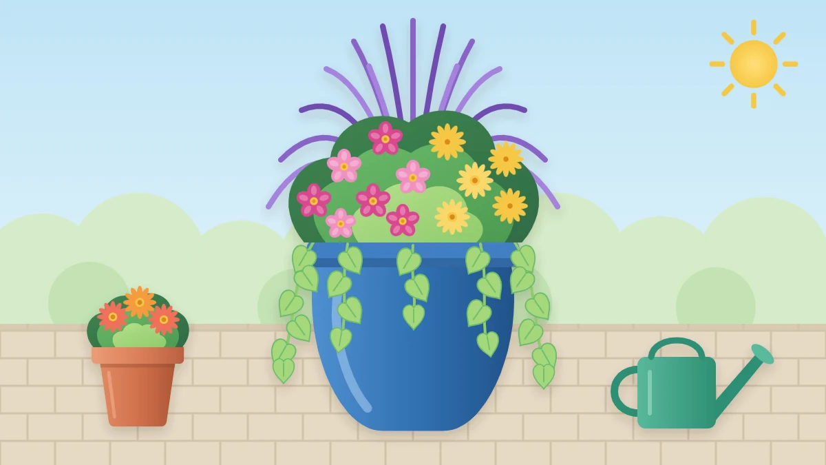 A large blue glazed pot planted as a mixed container with a tall purple spiky plant in the center, mounds of pink and yellow flowers and lime green vines trailing over the rim