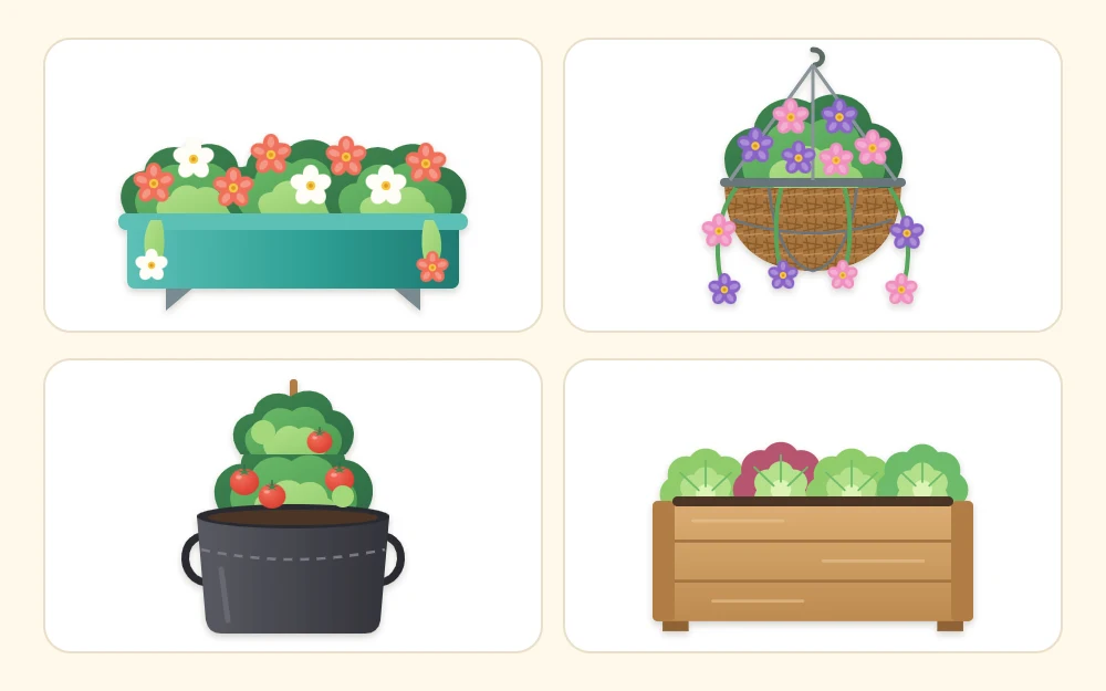 Four planted container types shown as tiles: a window box, a hanging basket, a fabric grow bag and a wooden trough