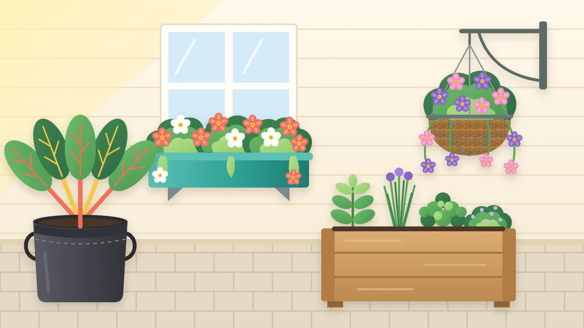 A house wall with a flowering window box under a window, a hanging basket on a bracket, a fabric grow bag and a long wooden trough of herbs
