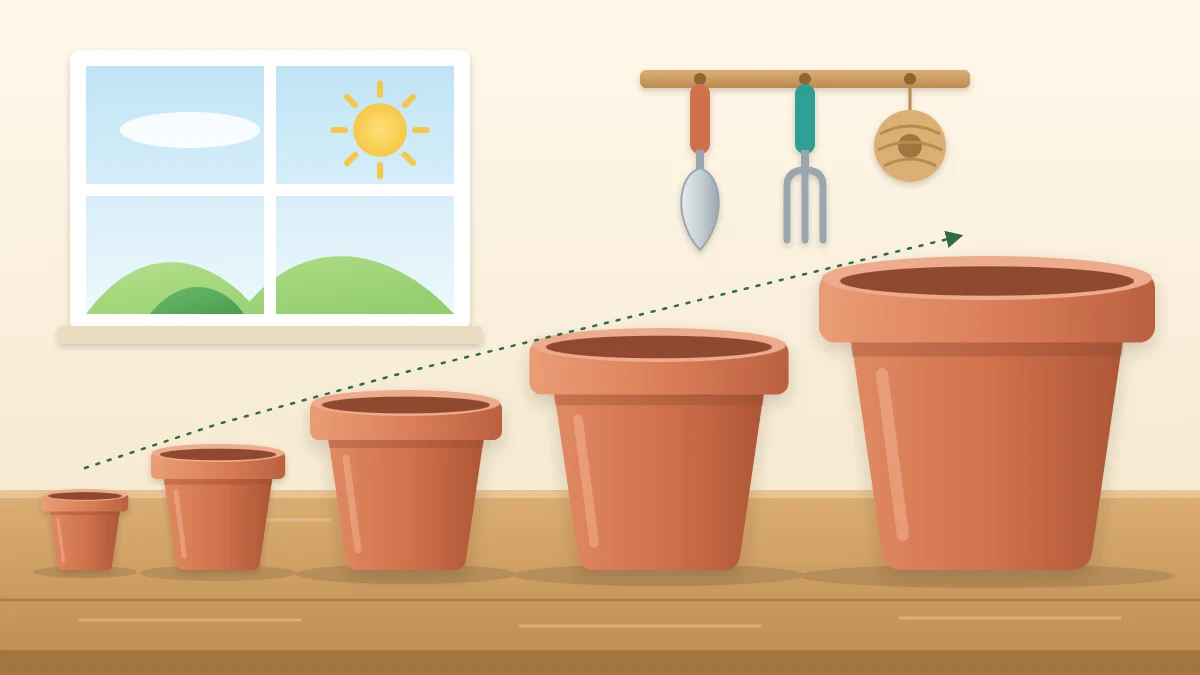 Five empty terracotta pots lined up from very small to very large on a wooden potting bench, like a staircase of sizes